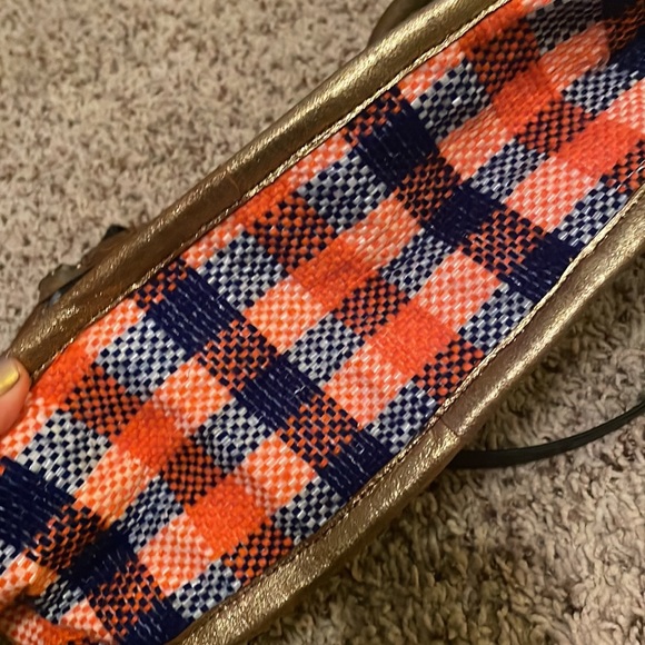 NWT Anthroplogie En Shalla Blue Plaid Crossbody tote bag w/ gold metallic trim - Picture 8 of 12